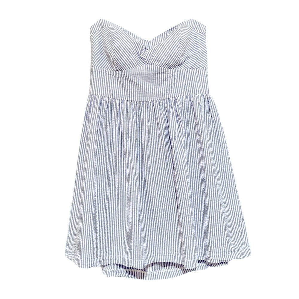 B. Smart blue and white striped strapless dress Size 12